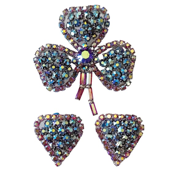 Pink Blue AB Rhinestone Clover Leaf Brooch, Matching Clip-On Earrings E220