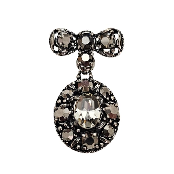 Hobe Brooch Oval Dangle Bow Bar Rhinestone Pin, Signed