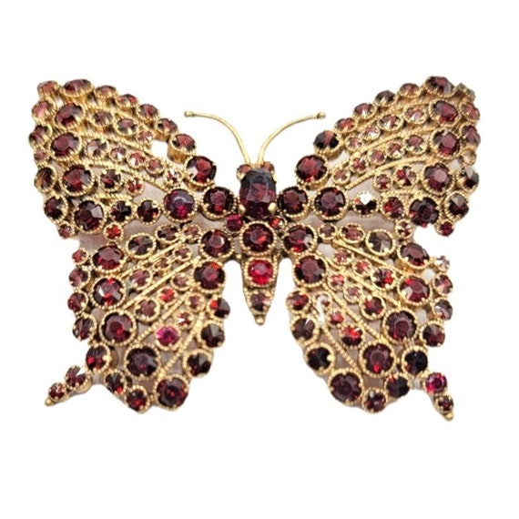 Czechoslovakia Goldtone Red Prong Set Rhinestone Butterfly Brooch Signed
