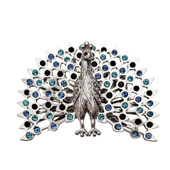 Peacock Brooch Blue Teal, Black Rhinestone Pin L574