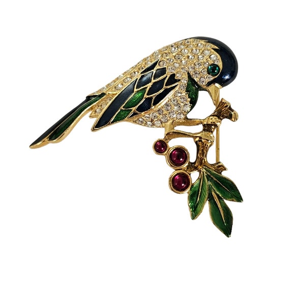 Sphinx Rhinestone Bird With Glass Cabochon Berries Brooch L184