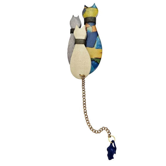 Cat Trio Brooch - 3 Felines Wood Resin Blue Studio Dangle Tail Pin J738