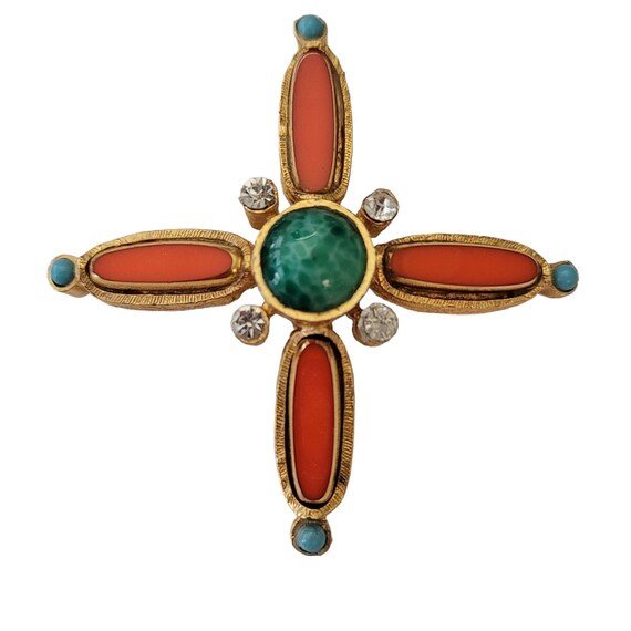 Gold Tone Orange Bezel Set, Green Mottled Cab Maltese Cross Brooch Pendant E782