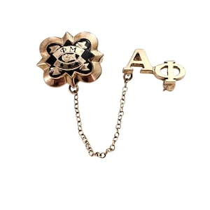 May include: A gold-coloured brooch with a chain, featuring a four-petal design with black enamel and the Greek letters ΦΜ. The brooch is connected by a chain to a pin with the Greek letters ΑΦ.