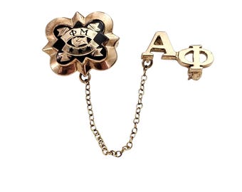 Phi Mu Sorority Pin de oro de 10 quilates Alpha Phi Dangle