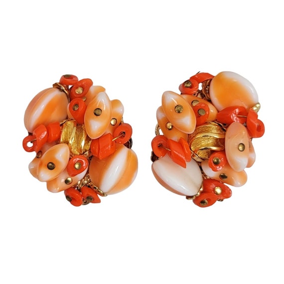 Alice Caviness Orange Glass Bead Clip-On Earrings, Signed K603