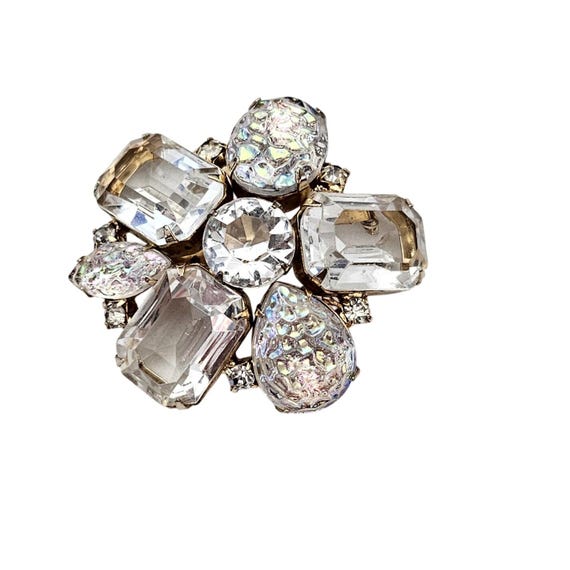 Clear Open Back Emerald Cut Rhinestone Cluster Brooch Lava AB Pin J610