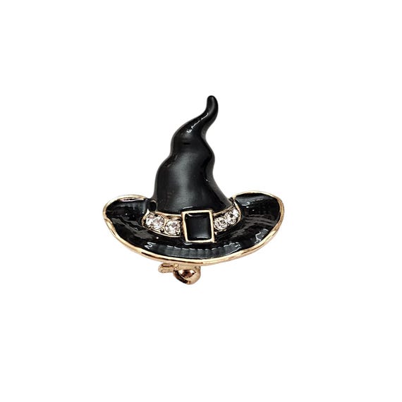 Black Enamel Clear Rhinestone Witch Hat Brooch Pin L392