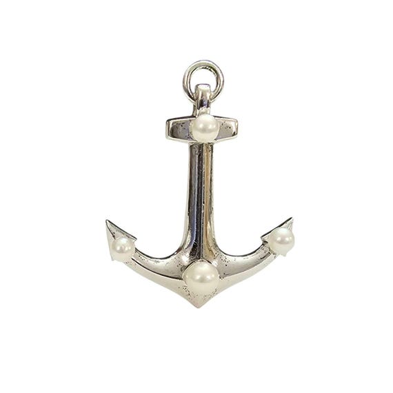 Sterling Silver Genuine Pearl Anchor Brooch Pin