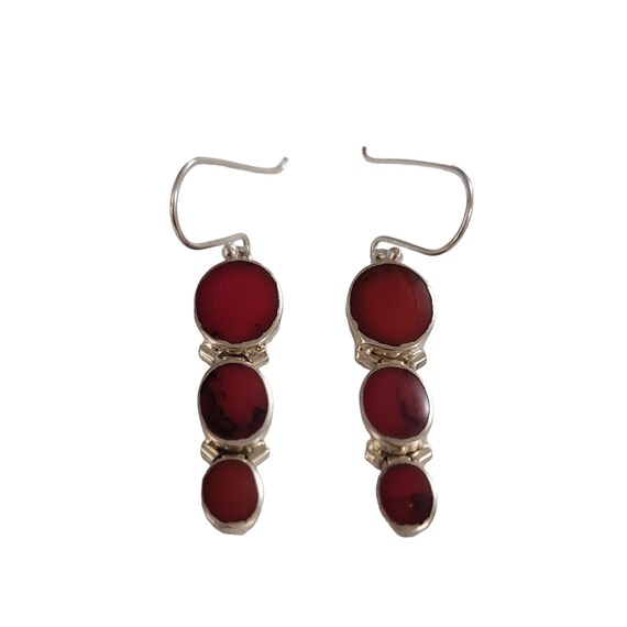 Sterling Silver Inlay Hinged Marbled Red Graduated Oval Dangle Earrings K964