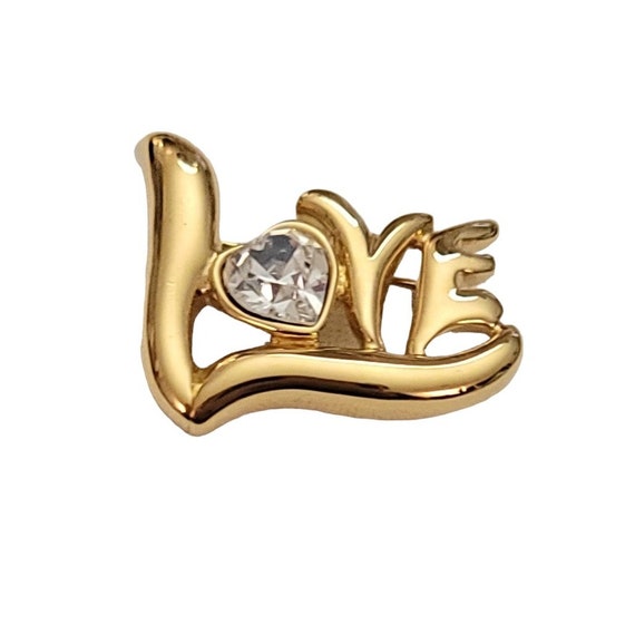 Monet Vintage Gold Tone Heart Rhinestone LOVE Brooch Pin, Signed L32