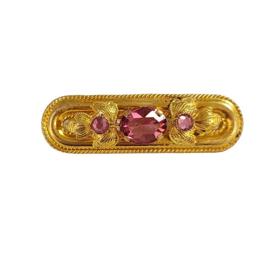 Czech Gold Tone Pink Rhinestone Leaf Bar Pin K969