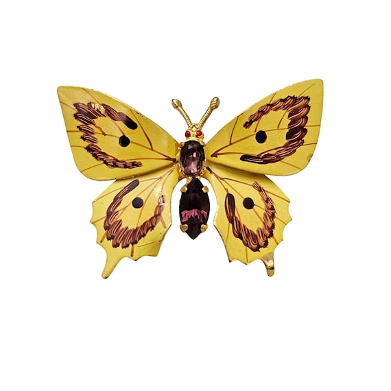Yellow Enamel Austria Butterfly Brooch Purple Rhinestone Pin C887