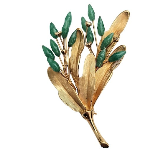 Green Glass Lamp Work Flower Frond Leaf Brooch Clear Rhinestone Pin C944