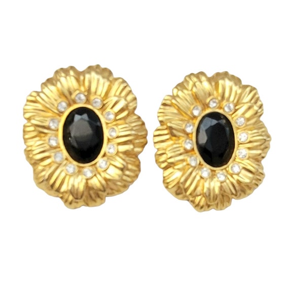 KJL For Avon 1991 NY Collection Piece Gold Tone Black Onyx Clip On Earrings Signed