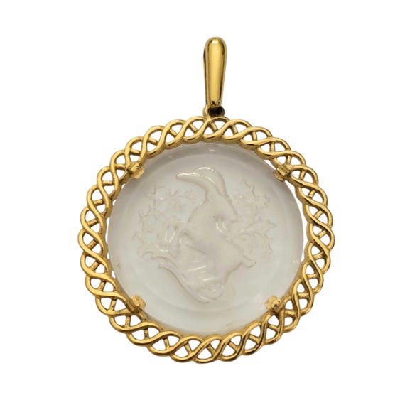 Trifari Gold Tone Vintage Goat, Ram Intaglio Glass Pendant, Signed L964