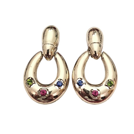 Silver Tone Knocker Clip On Pink Blue Green Rhinestone Earrings C910