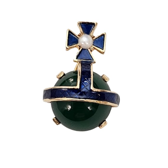 Trifari Rare Coronation Columbus Crucifix Orb Pin, Faux Pearl, Blue Enamel Green Lucite L504