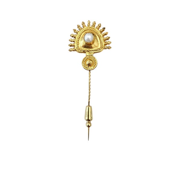 Sterling Vermeil Etruscan Genuine Pearl Stick Lapel Pin Museum Style J761