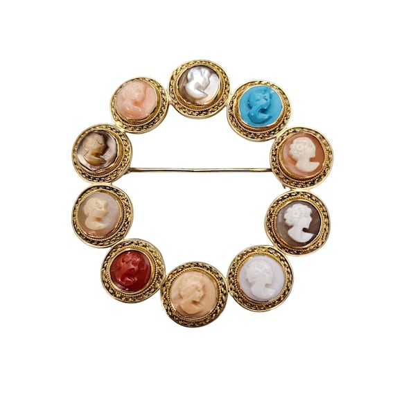 18K Yellow Gold Vintage Shell Coral Multi Cameo Brooch Pendant Round Open Pin