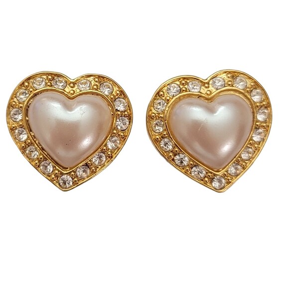 Avon Gold Tone Clear Rhinestone Faux Pearl Heart Shape Clip-On Earrings, Signed E813