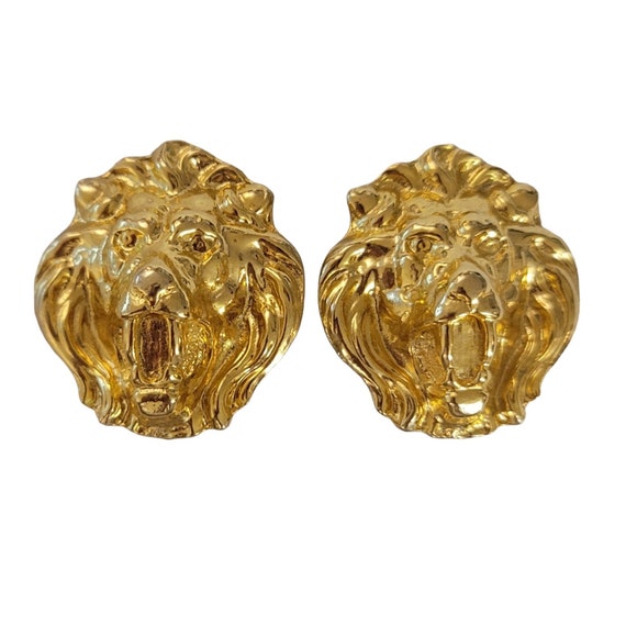 Gold Tone Lion Face Designer Style Clip-On Earrings E99