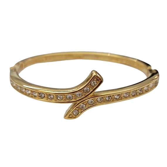 Vintage Napier Gold Tone Hinged Tongue Clasp Clear Rhinestone Bracelet 7” L, Signed K456