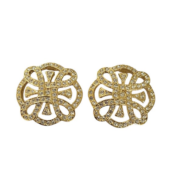Gold Tone Clear Rhinestone Irish, Love Mobius Knot Clip On Earrings L236