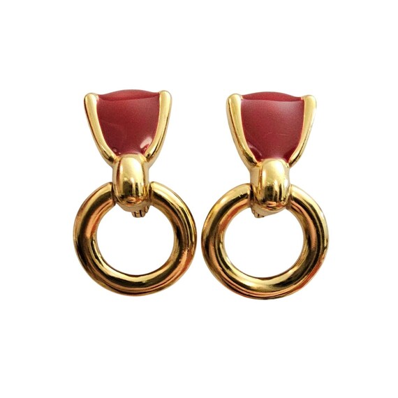 Monet Wine Enamel Door Knocker Clip On Maroon Gold Tone Earrings Signed, C941
