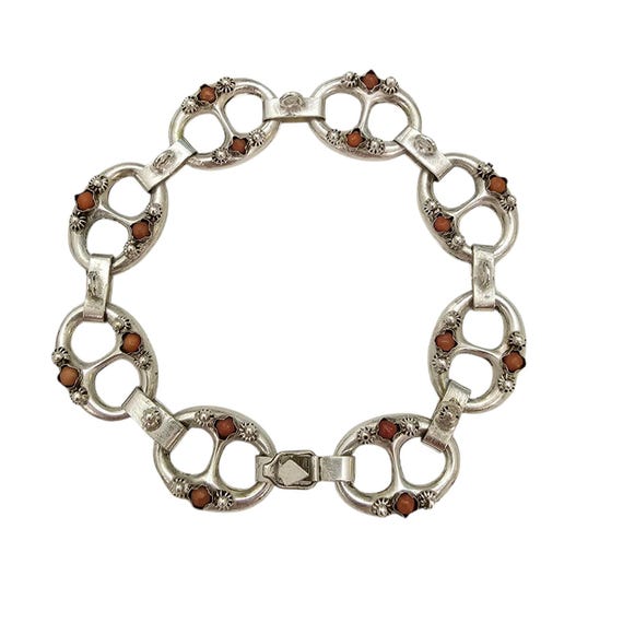 Sterling Silver Coral Cabochon Etruscan Bracelet Oval Links