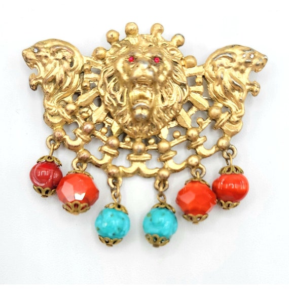 Alexander Korda Jungle Book Lion Dangle Bead Brooch, Signed
