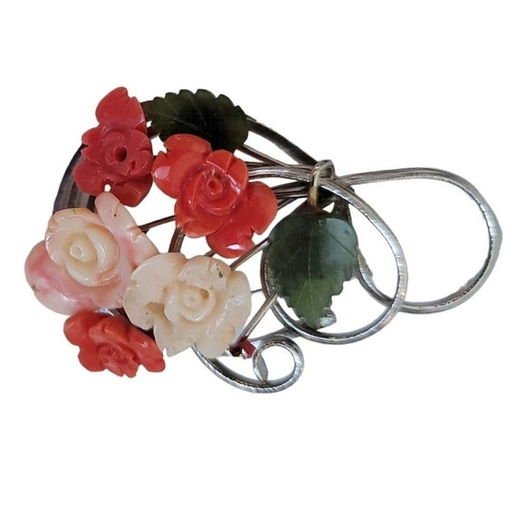Silver Tone Jade, Coral Carved Cluster Of Flowers Pin Brooch, M872