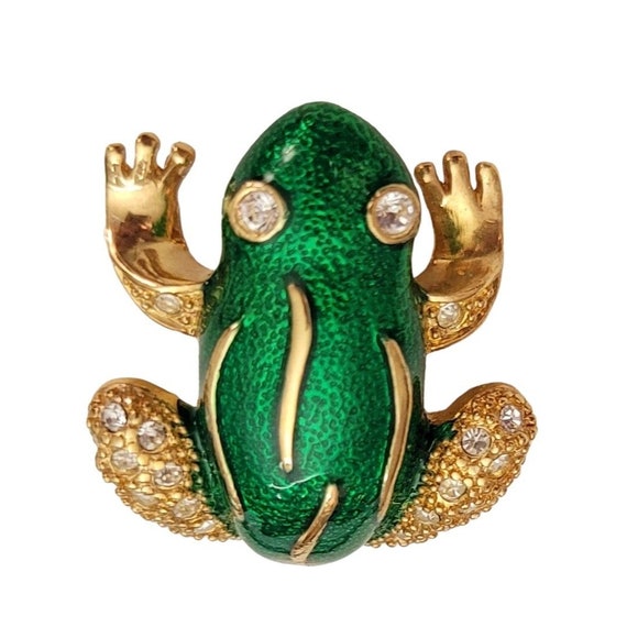 Roman Green Enamel Clear Rhinestone Frog Brooch, Signed E151