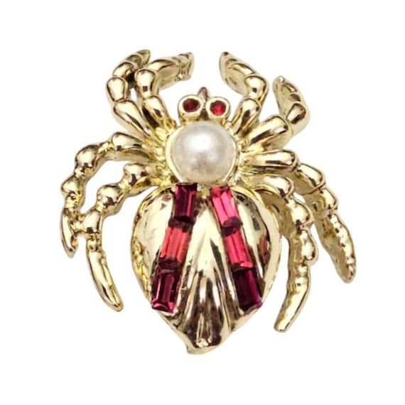 Spider Brooch Vintage Red Rhinestone Gold Tone Pin J895