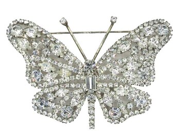 クリアラインストーン バタフライブローチ、プロングセット、シルバー