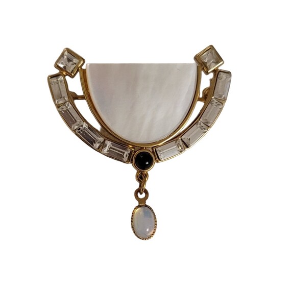 Gold Tone Shell Inlay Clear Baguette Rhinestone Moonstone Dangle Brooch Pendant E29