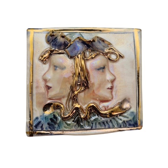 Vintage Glazed Ceramic Two Ladies Raised Square Brooch J603