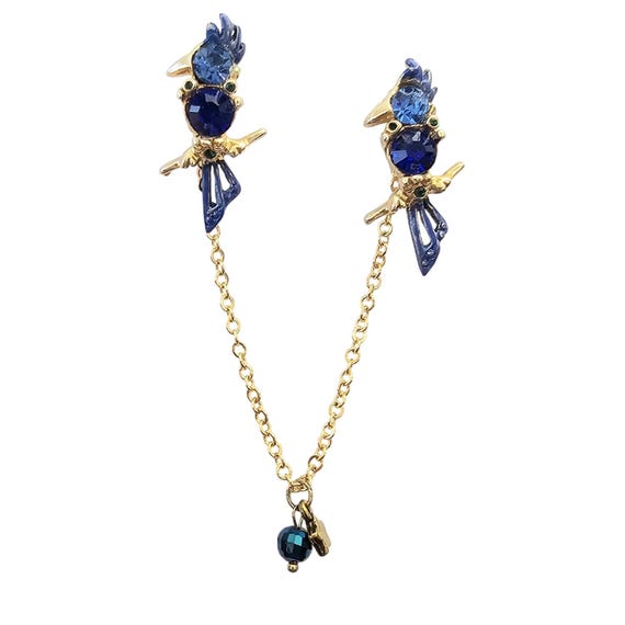 Blue Bird Jay Brooch Set, Pair Rhinestone Sweater Guard Chatelaine Pins C990
