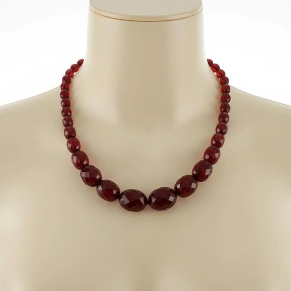 Cherry Bakelite Necklace Knotted Faceted Graduated Bead Strand, 14K Clasp J448