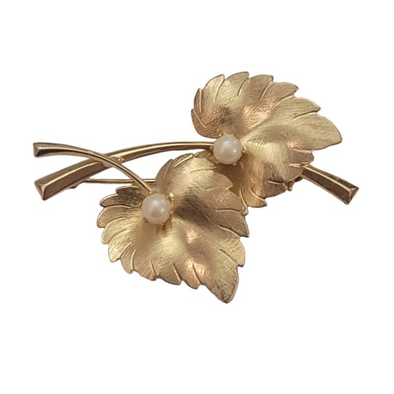 Gold Tone Genuine Pearl Double Leaf Brooch Pin K908
