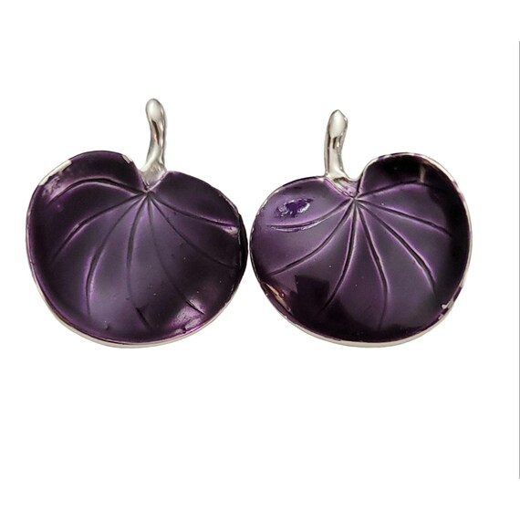 Pastelli Silver Tone Purple Enamel Lotus Water Lily Leaf Clip-On Earrings, Signed K242
