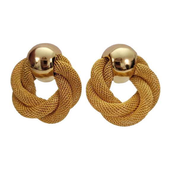 Avon Gold Tone Mesh Triple Entwined Rings Eternity Knot Clip On Earrings, Signed E881