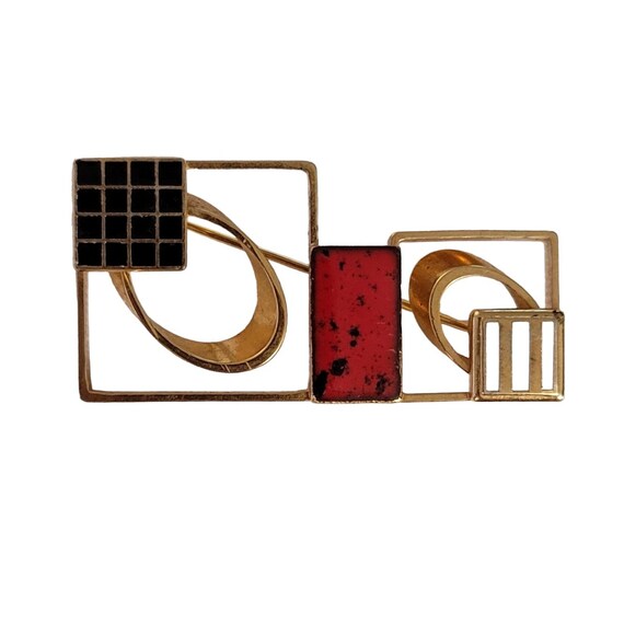 Gold Tone Modernist Black Red White Porcelain Enamel Art Deco Style Squares Brooch Pin E2