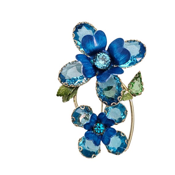 Blue Enamel And Caged Rhinestone Flower Brooch