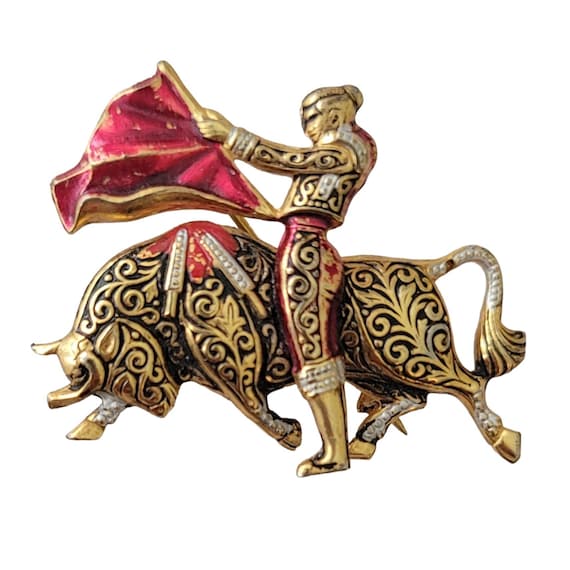 Toledoware Red Enamel Bullfighting Matador And Bull Pin Brooch, E765
