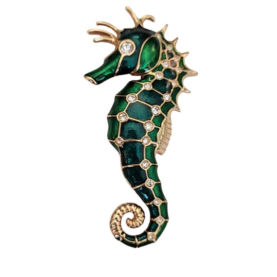 Signed SAL Swarovski Green Enamel Crystal Seahorse Brooch Pin M712