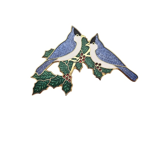 Fish Brand Blue Jay Pair Brooch Champlevé Enamel Pin C625