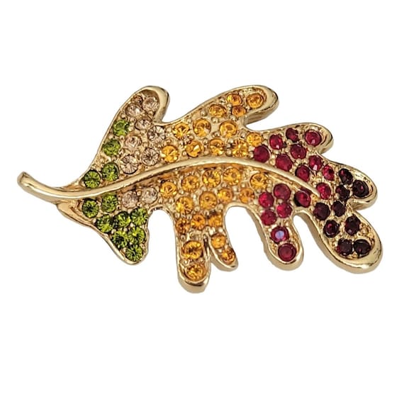 Monet Autumn Fall Red Yellow Green Pave Rhinestone Leaf Pin Brooch, Signed K598