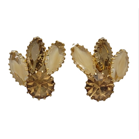 Vintage Gold Tone Champagne Givre Prong Set Rhinestone Clip-On Earrings  K449