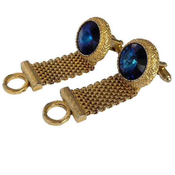 Dante Gold Tone Blue Rivoli Mesh Wrap Chain Cufflinks, Signed E109